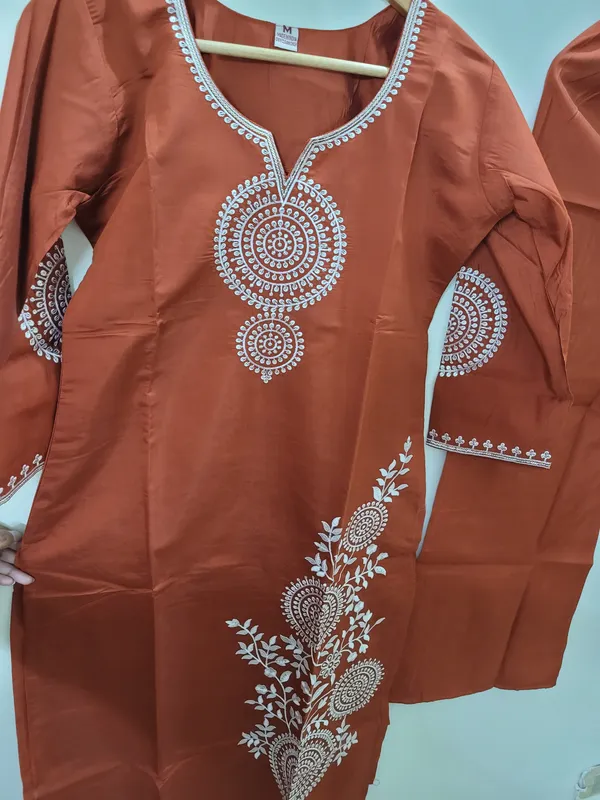 Rust_Mal_Chanderi_Embroidered_Kurta_Pant_Set_For_Women