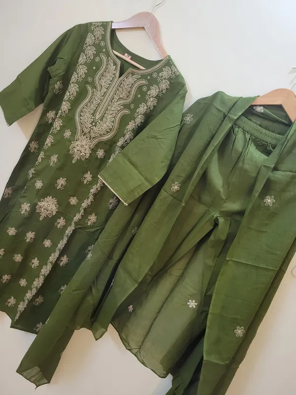 Olive_Green_Chennon_Printed_Kurta_Pajama_Set_For_Men