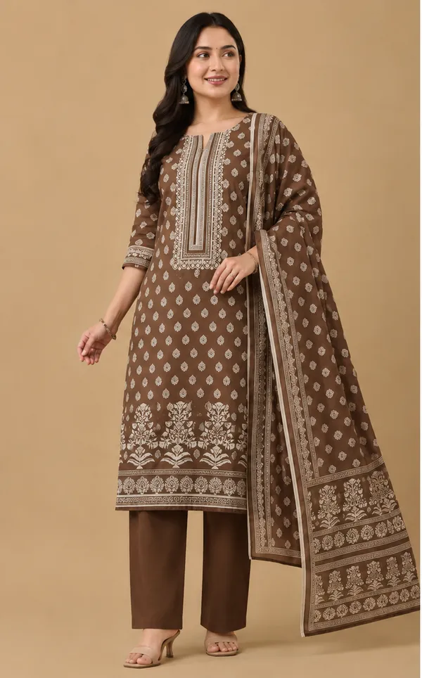 Brown_Cotton_Straight_Floral_Printed_Kurta_Set_For_Women