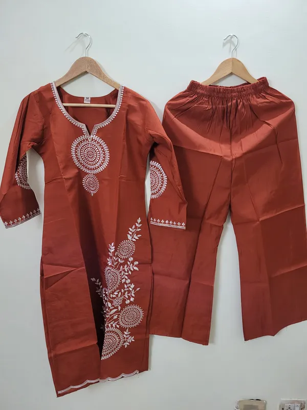 Rust_Mal_Chanderi_Embroidered_Kurta_Pant_Set_For_Women
