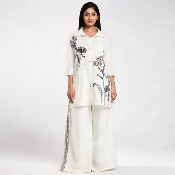 White_Rayon_Cotton_Embroidered_Collared_Kurta_Set_For_Women