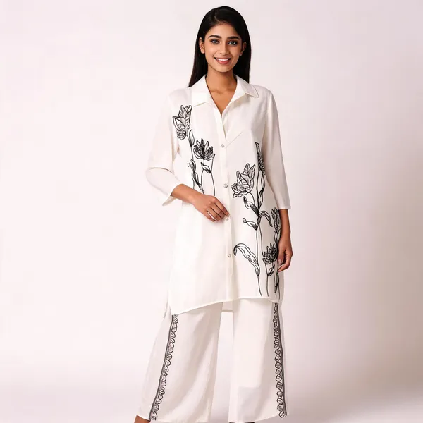 White_Rayon_Cotton_Embroidered_Collared_Kurta_Set_For_Women