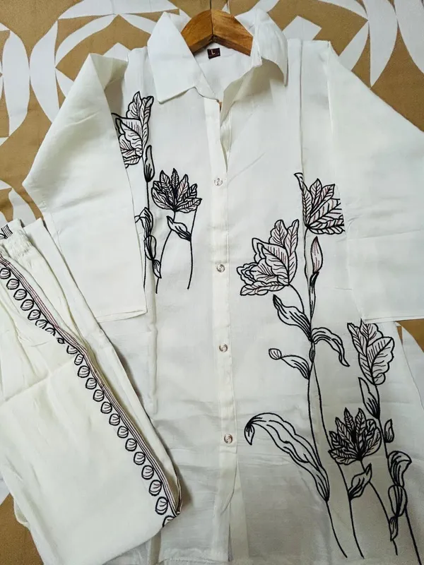 White_Rayon_Cotton_Embroidered_Collared_Kurta_Set_For_Women