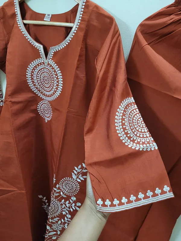 Rust_Mal_Chanderi_Embroidered_Kurta_Pant_Set_For_Women