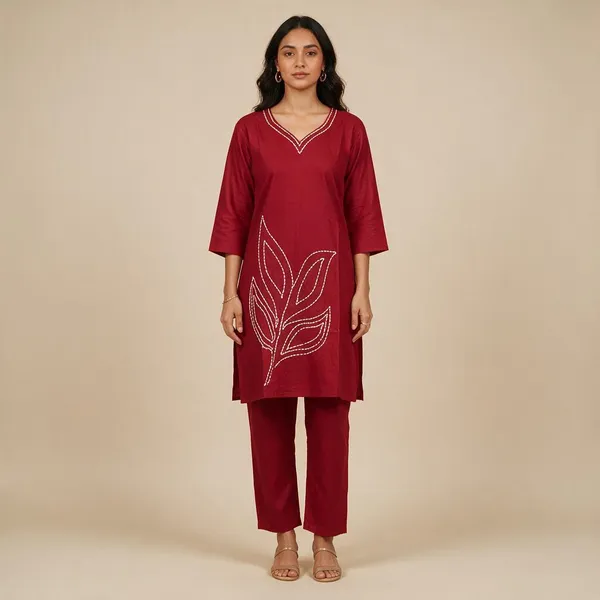 Maroon_Pure_Cotton_Straight_Embroidered_Kurta_Set_For_Women