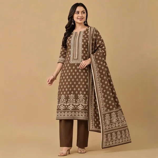 Brown_Cotton_Straight_Floral_Printed_Kurta_Set_For_Women