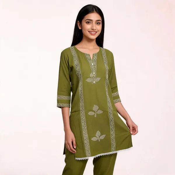 Olive_Green_Chennon_Printed_Kurta_Pajama_Set_For_Men