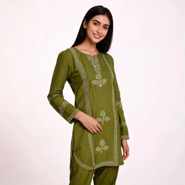 Olive_Green_Chennon_Printed_Kurta_Pajama_Set_For_Men
