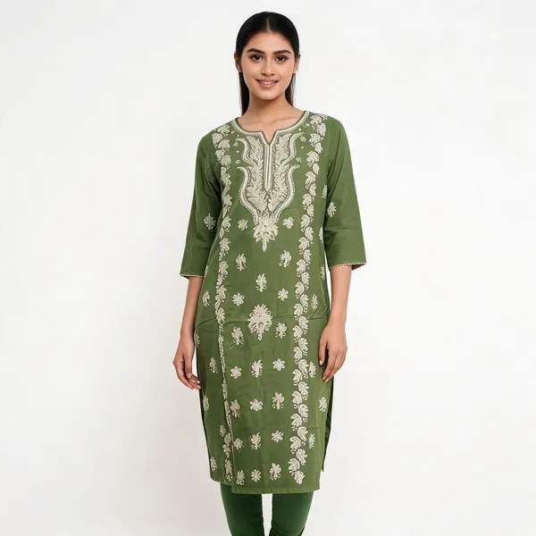 Olive_Green_Pure_Cotton_Embroidered_Straight_Kurta_For_Women