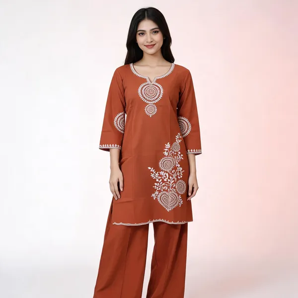 Rust_Mal_Chanderi_Embroidered_Kurta_Pant_Set_For_Women