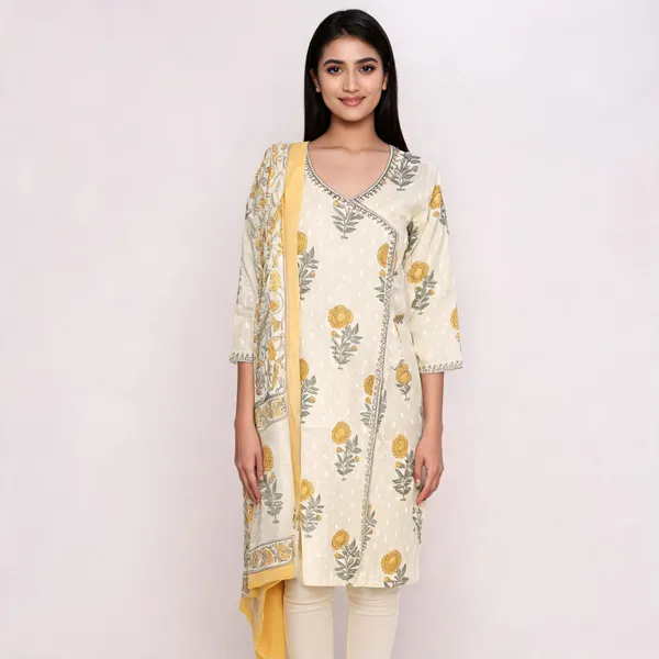 Cream_Pure_Cotton_Floral_Print_Straight_Kurta_For_Women