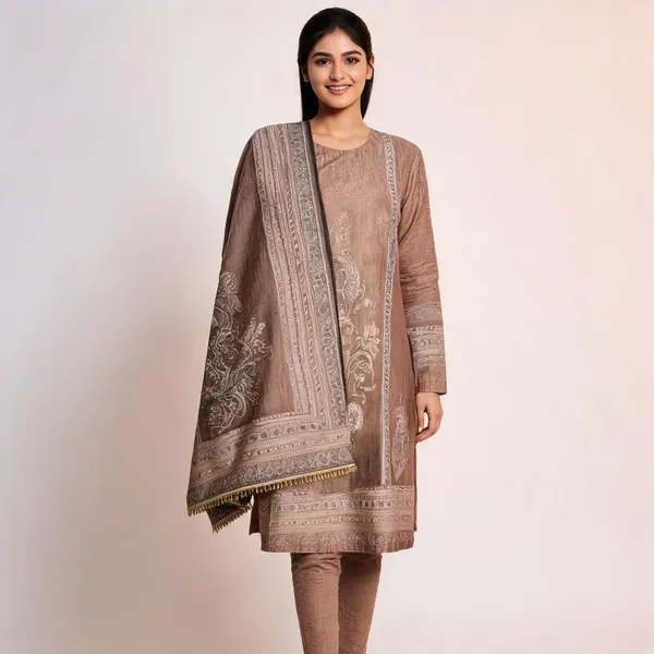 Brown_Linen_Tissue_Paisley_Print_Unstitched_Suit_Set_For_Women