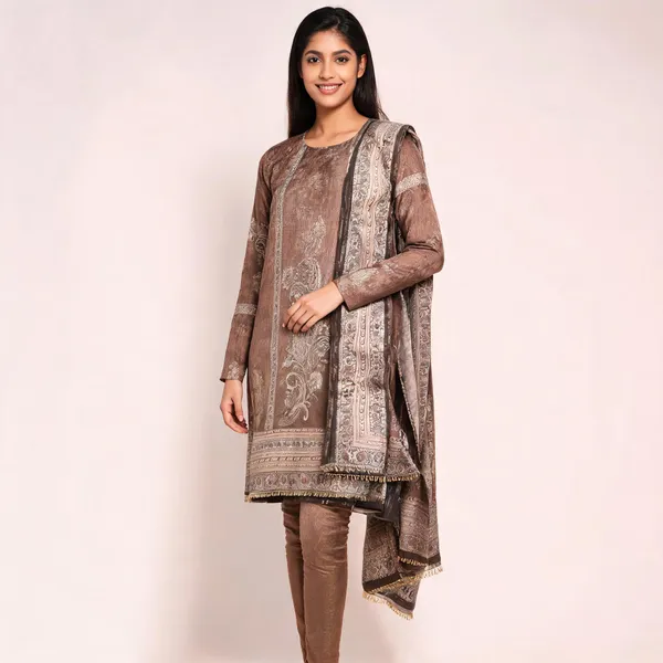Brown_Linen_Tissue_Paisley_Print_Unstitched_Suit_Set_For_Women