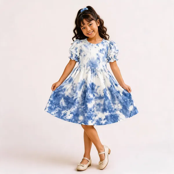 Blue_Tie-Dye_Cotton_Puff_Sleeve_Frock_For_Girls
