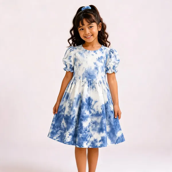 Blue_Tie-Dye_Cotton_Puff_Sleeve_Frock_For_Girls