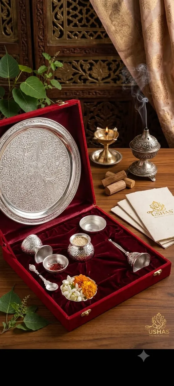 German_Silver_Traditional_Floral_Embossed_Pooja_Thali_Set