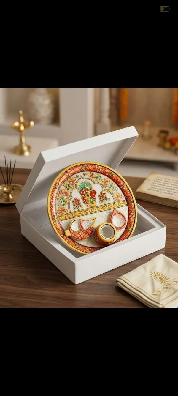 Marble_Metal_Floral_Pooja_Thali_Set_With_Diya