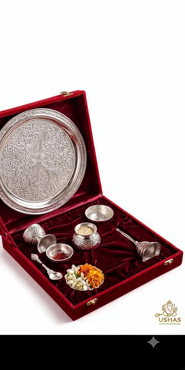 German_Silver_Traditional_Floral_Embossed_Pooja_Thali_Set