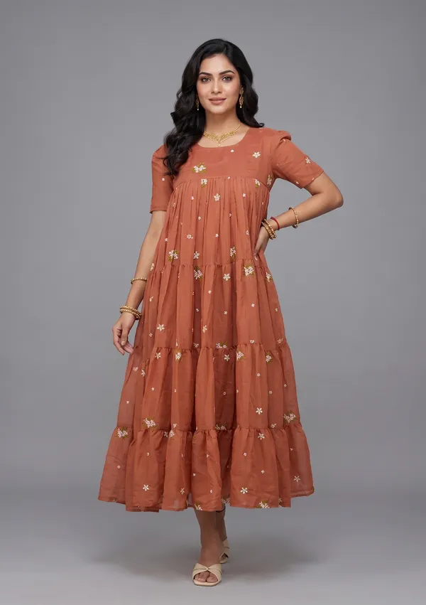 Orange_Chanderi_Tiered_Dress_For_Women