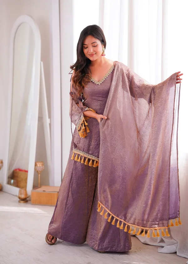 Opulent_Mauve-Lavender_Textured_Silk_Blend_Cold-Shoulder_Kurta_with_Sharara_&_Tasselled_Dupatta_Set