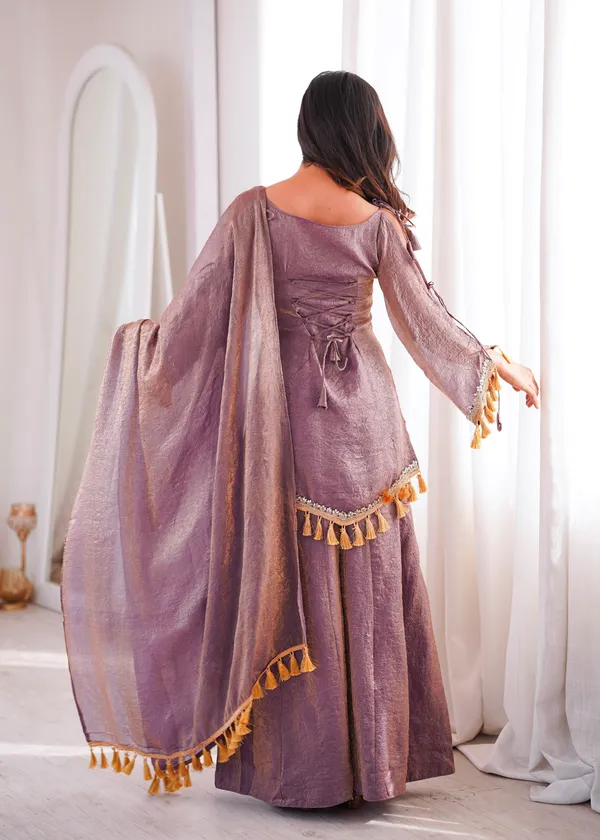 Opulent_Mauve-Lavender_Textured_Silk_Blend_Cold-Shoulder_Kurta_with_Sharara_&_Tasselled_Dupatta_Set