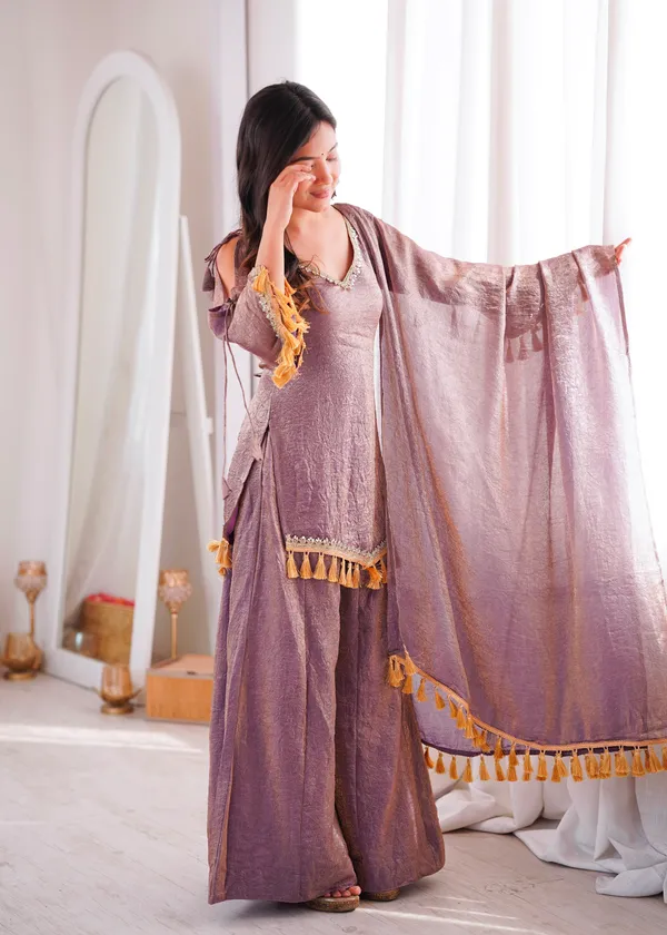 Opulent_Mauve-Lavender_Textured_Silk_Blend_Cold-Shoulder_Kurta_with_Sharara_&_Tasselled_Dupatta_Set