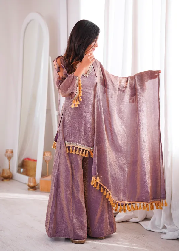 Opulent_Mauve-Lavender_Textured_Silk_Blend_Cold-Shoulder_Kurta_with_Sharara_&_Tasselled_Dupatta_Set