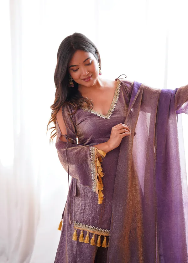 Opulent_Mauve-Lavender_Textured_Silk_Blend_Cold-Shoulder_Kurta_with_Sharara_&_Tasselled_Dupatta_Set