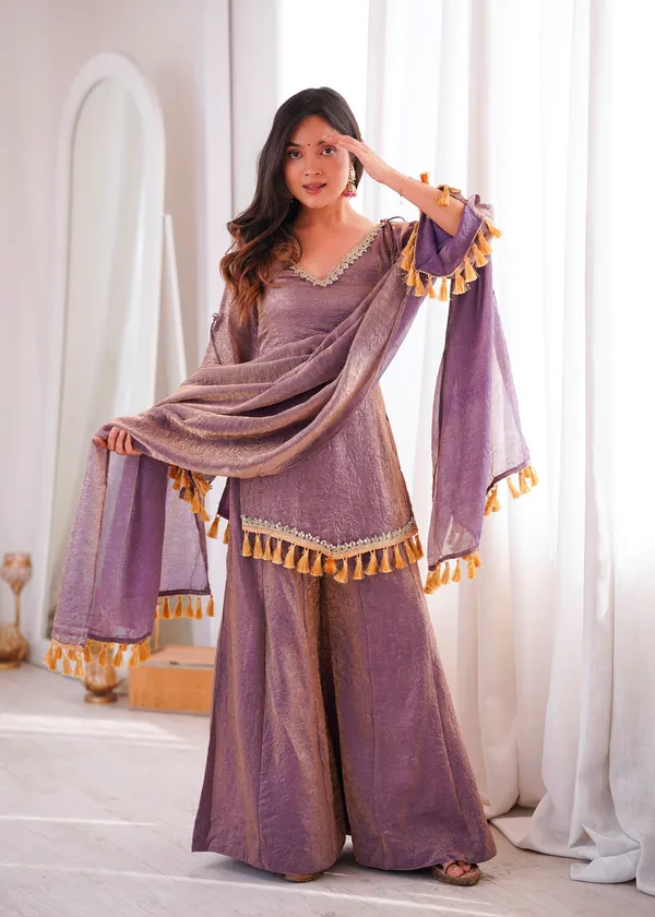 Opulent_Mauve-Lavender_Textured_Silk_Blend_Cold-Shoulder_Kurta_with_Sharara_&_Tasselled_Dupatta_Set