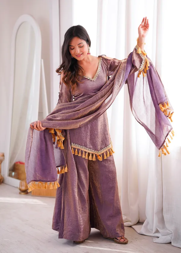 Opulent_Mauve-Lavender_Textured_Silk_Blend_Cold-Shoulder_Kurta_with_Sharara_&_Tasselled_Dupatta_Set