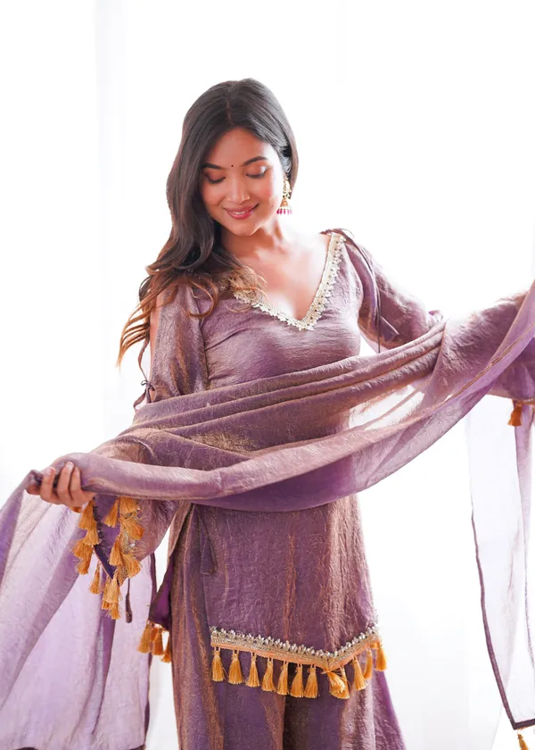 Opulent_Mauve-Lavender_Textured_Silk_Blend_Cold-Shoulder_Kurta_with_Sharara_&_Tasselled_Dupatta_Set