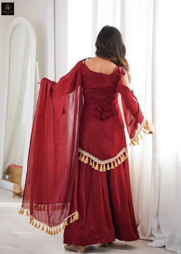 Royal_Wine_Textured_Silk_Blend_Cold-Shoulder_Kurta_with_Flared_Sharara_&_Tasselled_Dupatta_Set