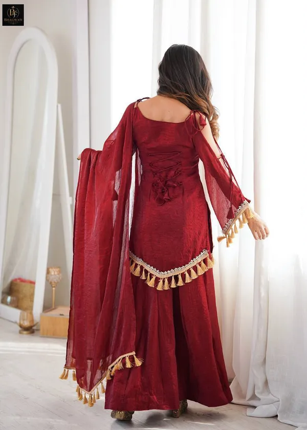 Royal_Wine_Textured_Silk_Blend_Cold-Shoulder_Kurta_with_Flared_Sharara_&_Tasselled_Dupatta_Set