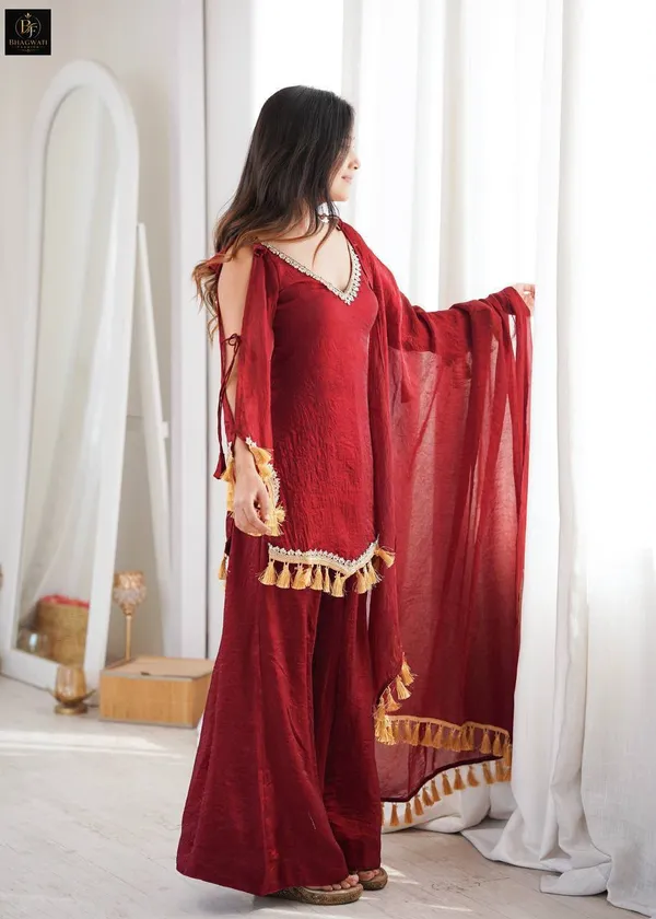 Royal_Wine_Textured_Silk_Blend_Cold-Shoulder_Kurta_with_Flared_Sharara_&_Tasselled_Dupatta_Set