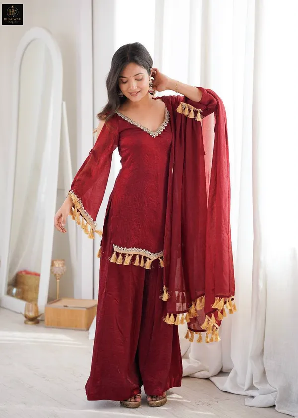 Royal_Wine_Textured_Silk_Blend_Cold-Shoulder_Kurta_with_Flared_Sharara_&_Tasselled_Dupatta_Set