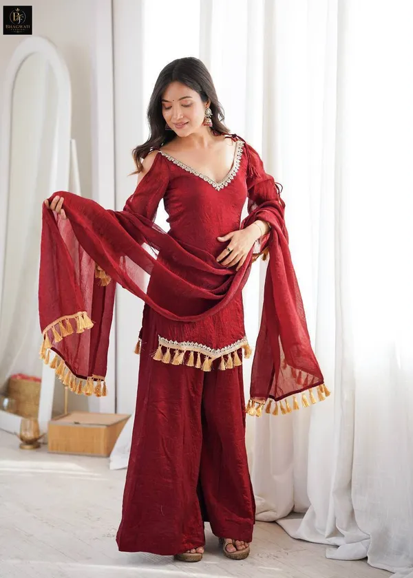 Royal_Wine_Textured_Silk_Blend_Cold-Shoulder_Kurta_with_Flared_Sharara_&_Tasselled_Dupatta_Set
