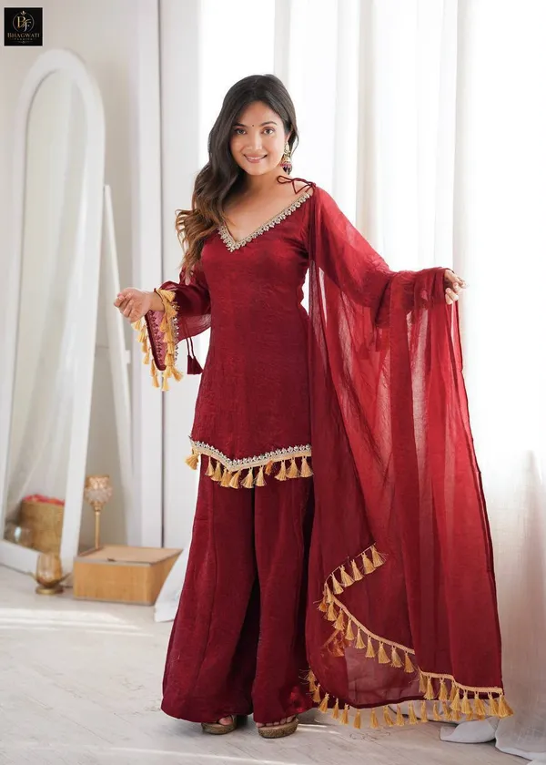 Royal_Wine_Textured_Silk_Blend_Cold-Shoulder_Kurta_with_Flared_Sharara_&_Tasselled_Dupatta_Set