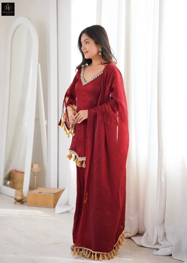 Royal_Wine_Textured_Silk_Blend_Cold-Shoulder_Kurta_with_Flared_Sharara_&_Tasselled_Dupatta_Set