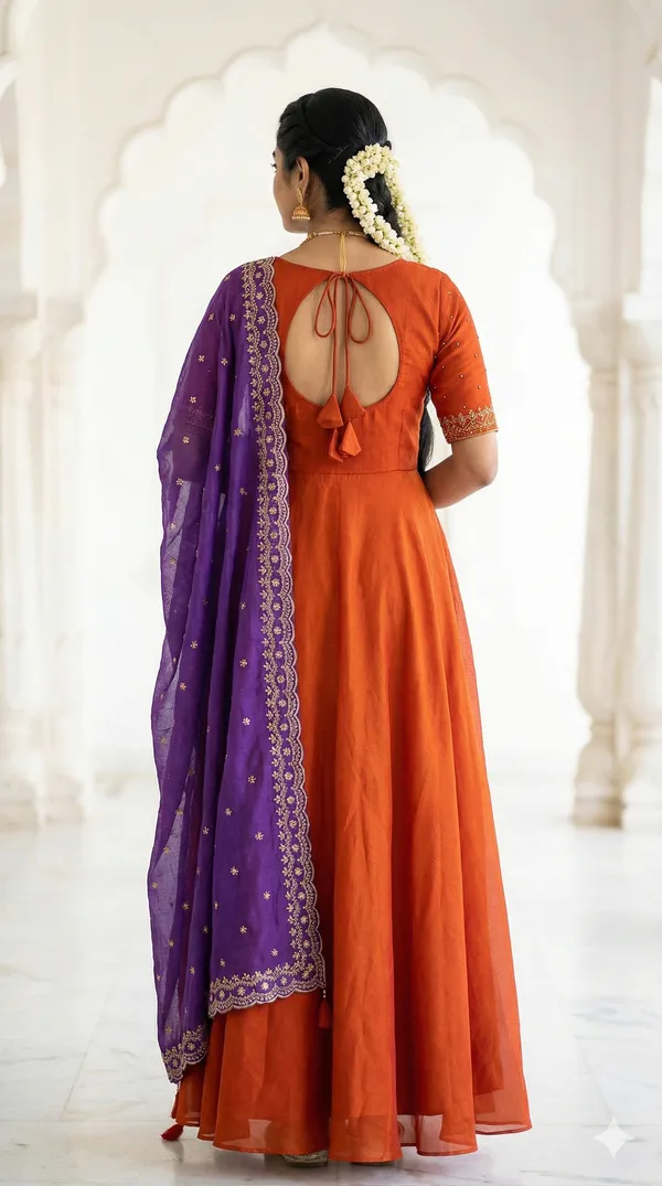 Orange_&_Purple_Chanderi_Gown_With_Dupatta_Set_For_Women