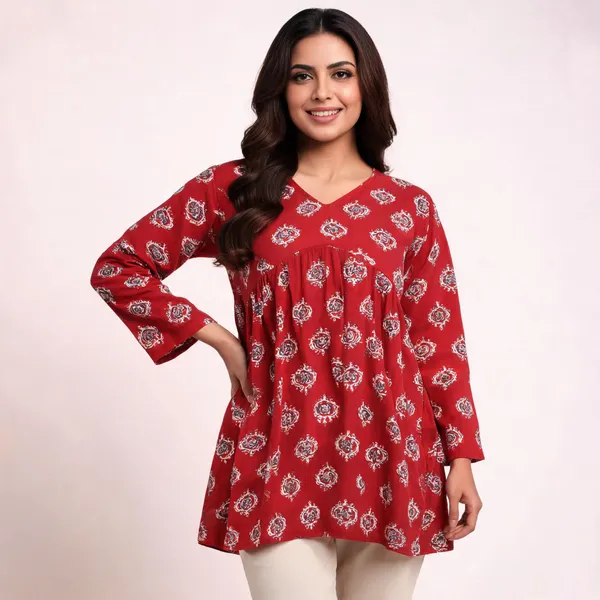 Red_Rayon_Flared_Kurta_For_Women