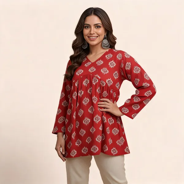 Red_Rayon_Flared_Kurta_For_Women