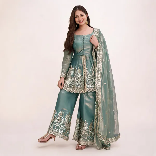 Turquoise_Georgette_Anarkali_Dupatta_Palazzo_Set_For_Women
