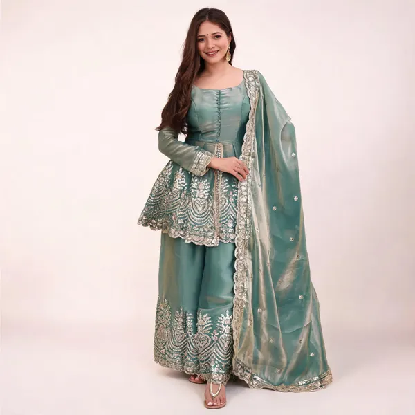 Turquoise_Georgette_Anarkali_Dupatta_Palazzo_Set_For_Women