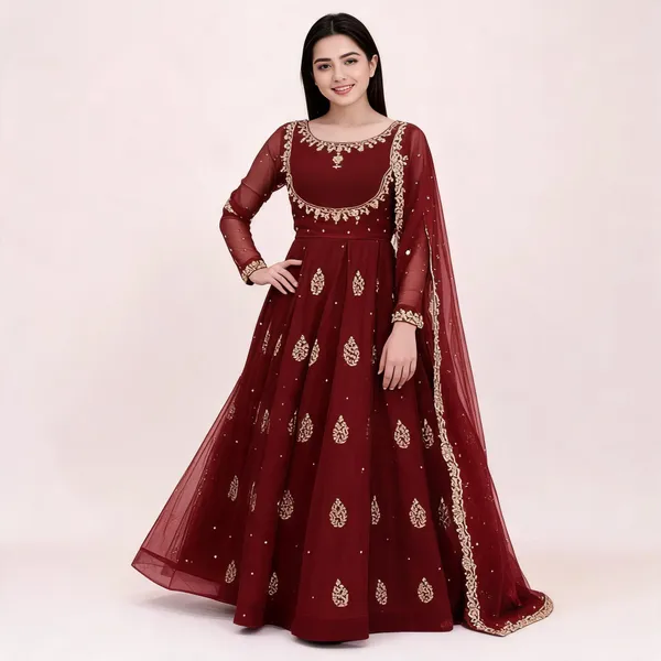 Brown_Georgette_Gown_With_Dupatta_Set_For_Women