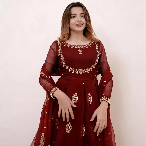 Brown_Georgette_Gown_With_Dupatta_Set_For_Women