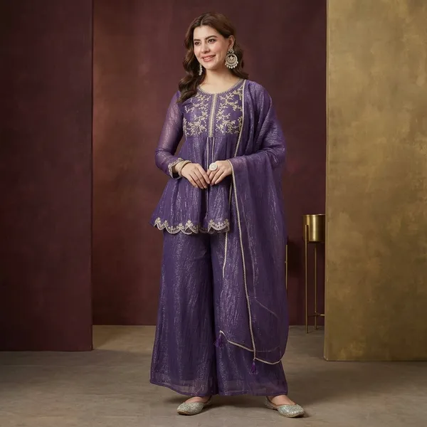 Purple_Chanderi_Kurta_Palazzo_Dupatta_Set_For_Women
