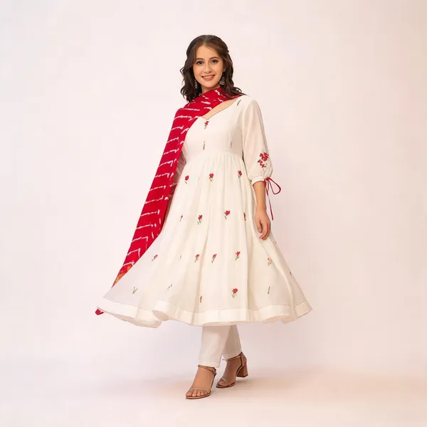 White_&_Pink_Chanderi_Anarkali_Kurta_Pant_Dupatta_Set_For_Women