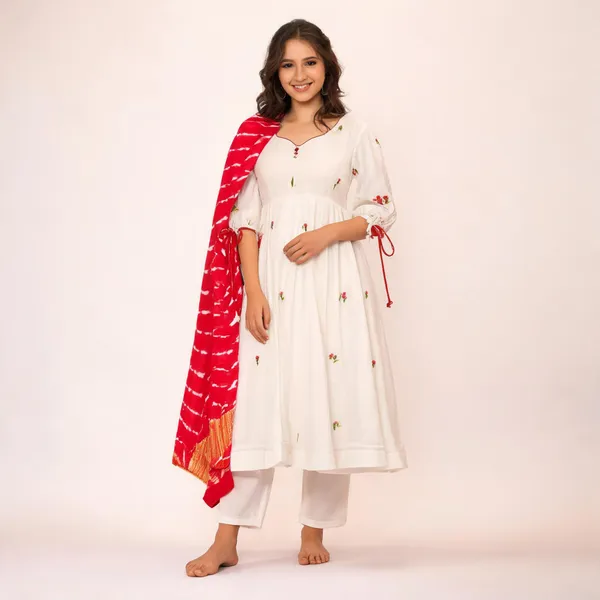 White_&_Pink_Chanderi_Anarkali_Kurta_Pant_Dupatta_Set_For_Women