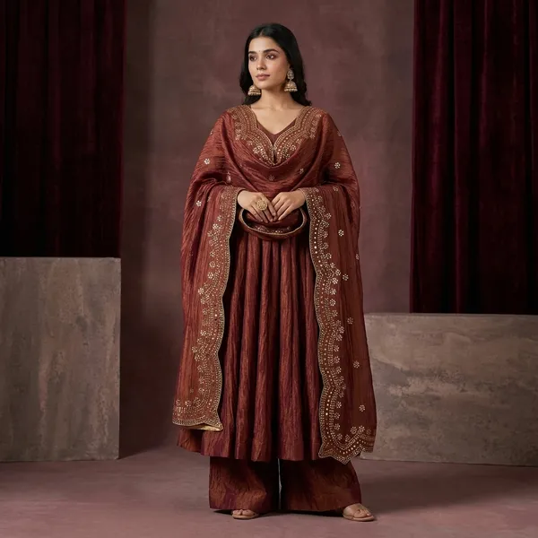 Rust_Georgette_Flared_Kurta_Set_For_Women
