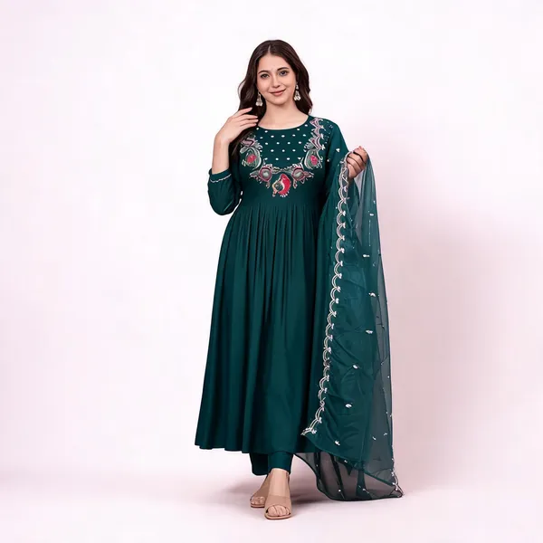 Green_Chanderi_Anarkali_Kurta_Pant_Dupatta_Set_For_Women